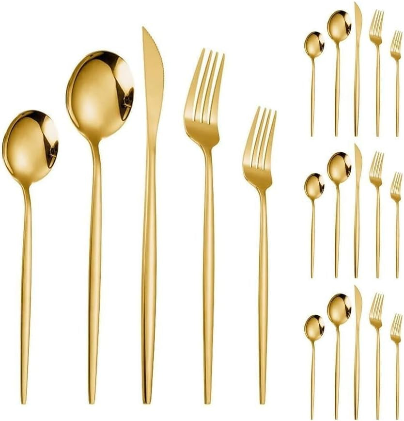 Solid Pointed Handle Kitchen Stainless Steel Silverware Tableware Flatware Cutlery Set Steak Knife Fork Spoon (Gold,20 Pieces)