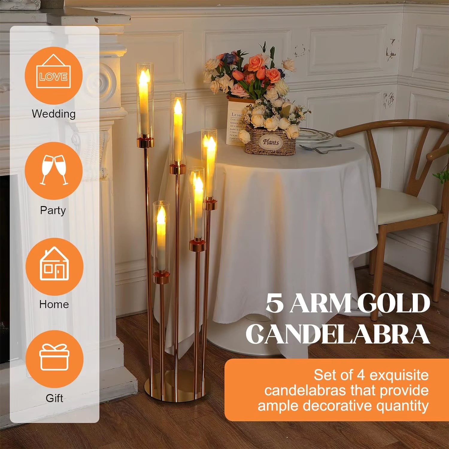 5-Arm Floor Candelabra - 42.5'' Tall Gold Candle Holder, Elegant Metal Centerpiece with Acrylic Accents