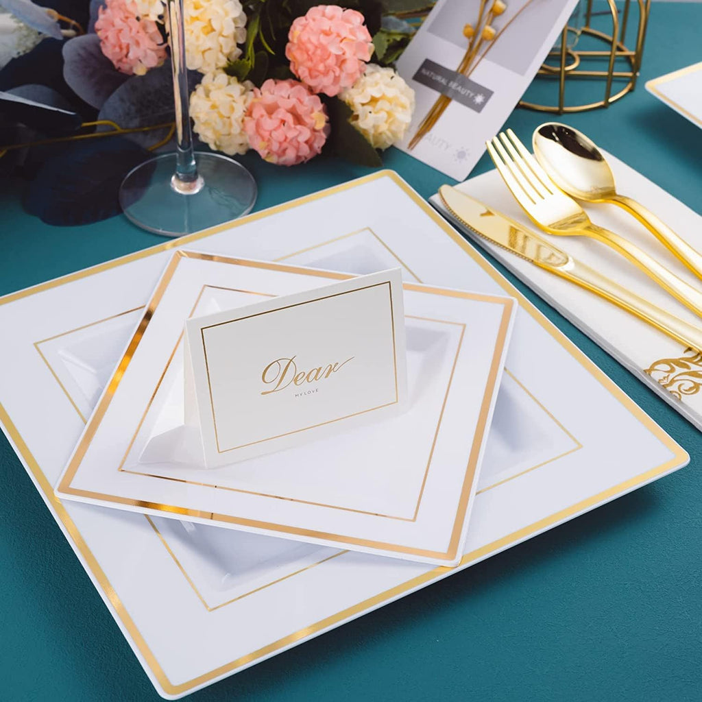 Square Dishes Plates Cups Cutlery for 25 on Special Occasions,175 Pieces of Reusable Plastic Dinnerware for Dinners, Birthdays, Valentines, Parties, Easter, Weddings, Summer Celebrations (Gold)