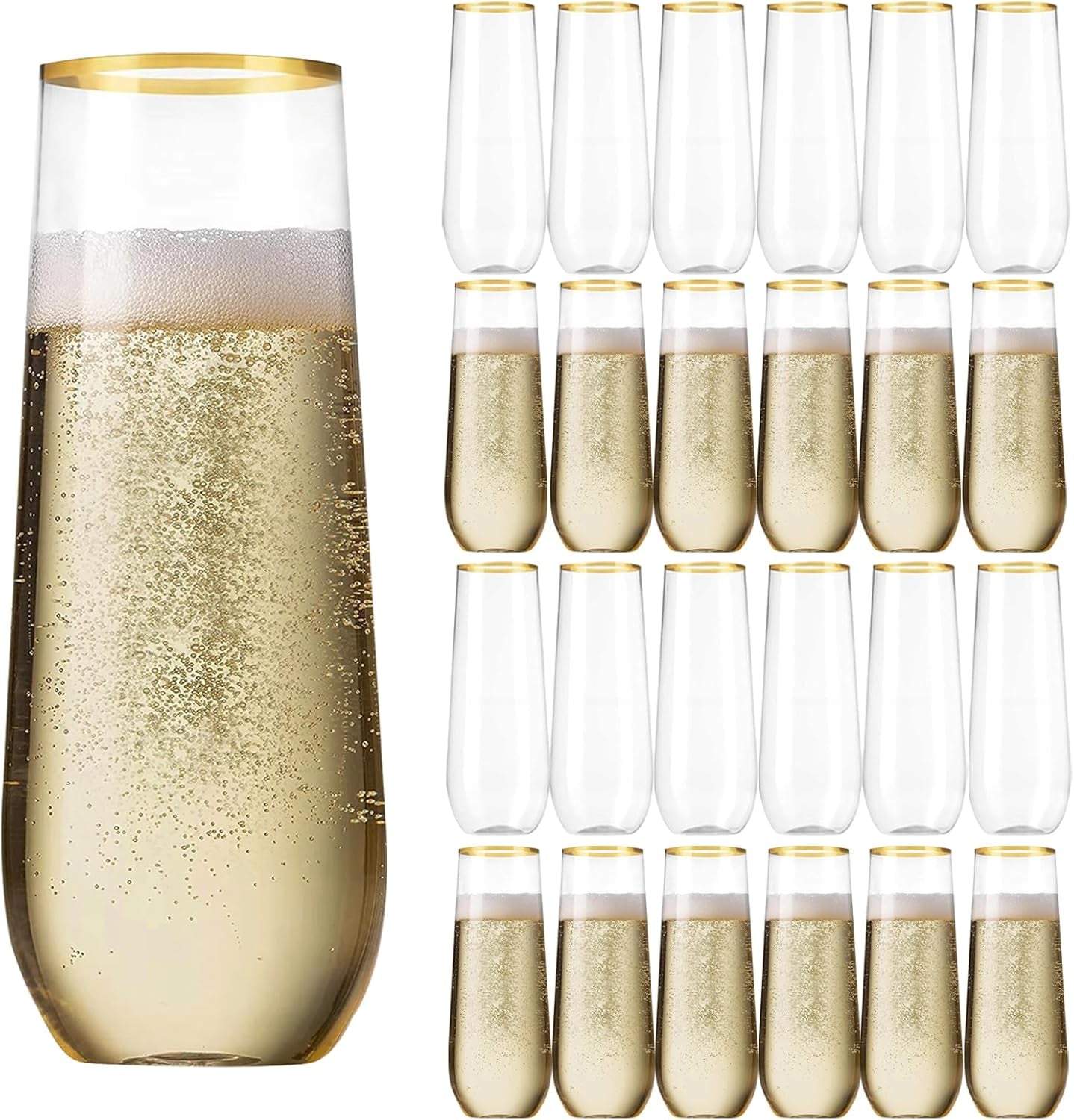 Plastic Champagne Flutes 25 Packs Champagne Flutes Plastic with Gold Rimmed, 270Ml/9.13Oz Stemless Wine Glasses Champagne Glasses for New Year Party Wedding Halloween Christmas Birthday Party