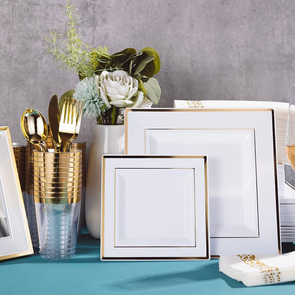 Square Dishes Plates Cups Cutlery for 25 on Special Occasions,175 Pieces of Reusable Plastic Dinnerware for Dinners, Birthdays, Valentines, Parties, Easter, Weddings, Summer Celebrations (Gold)