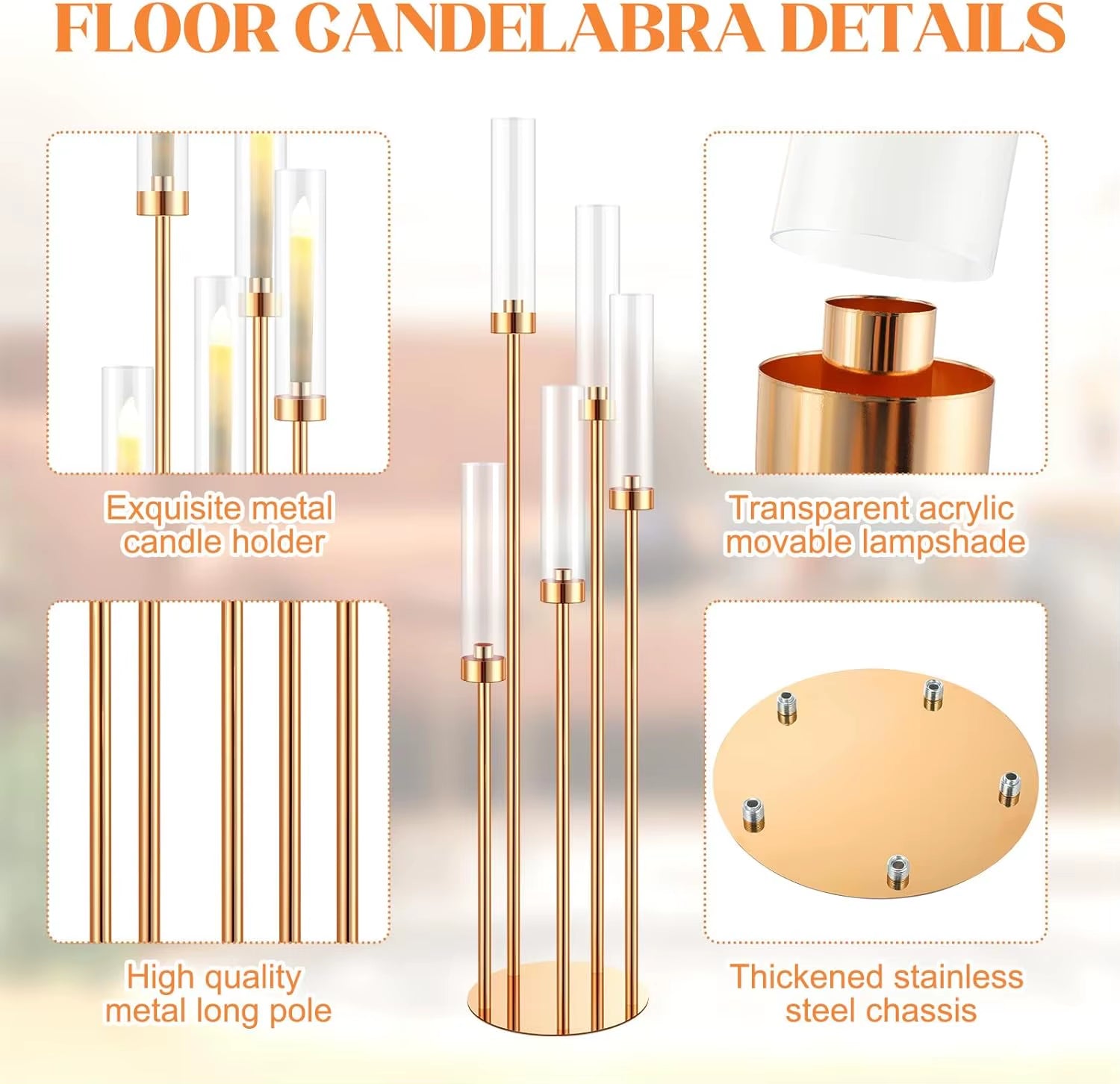 5-Arm Floor Candelabra - 42.5'' Tall Gold Candle Holder, Elegant Metal Centerpiece with Acrylic Accents