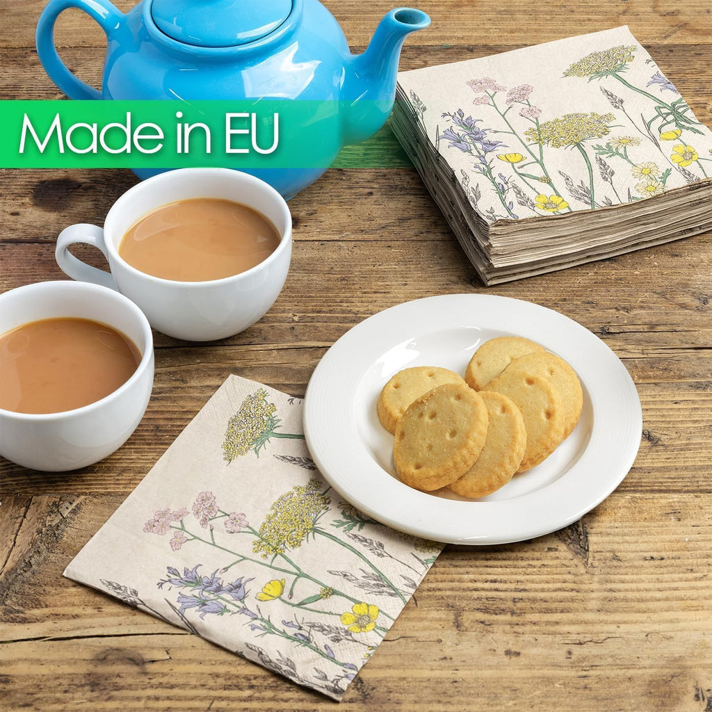Table Kind 100 X Soft Recycled Paper Napkins, 2Ply, 33Cm Wildflower Floral Napkins for Mother'S Day Disposable Party Serviettes for Easter Weddings Eco-Friendly, Kraft Unbleached Home Compostable