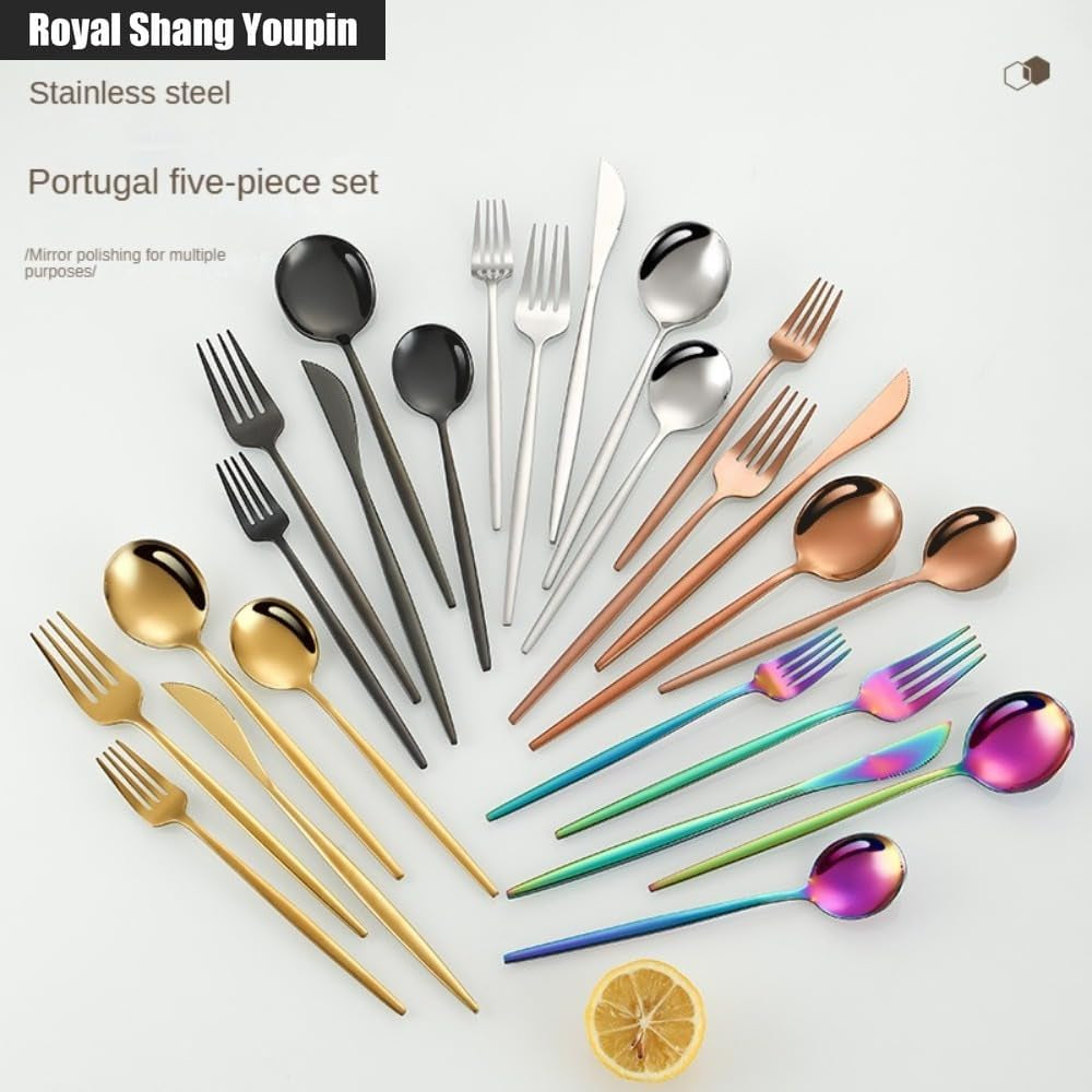 Solid Pointed Handle Kitchen Stainless Steel Silverware Tableware Flatware Cutlery Set Steak Knife Fork Spoon (Gold,20 Pieces)