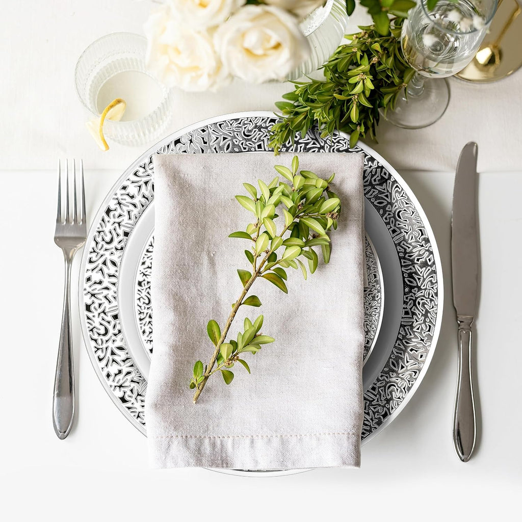 40 Premium White Plastic Plates with Silver Lace Rim - 20 Dinner and 20 Dessert Plates - Elegant & Reusable Party Tableware for Weddings, Birthdays, Picnic, Parties