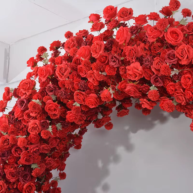 Artificial Burgundy Red Rose U-Arch Floral Decor for Wedding Stage and Event Celebrations