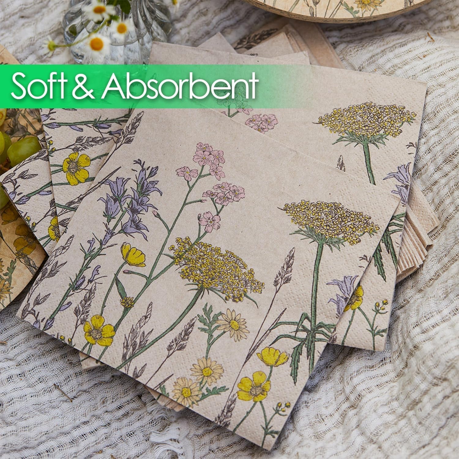 Table Kind 100 X Soft Recycled Paper Napkins, 2Ply, 33Cm Wildflower Floral Napkins for Mother'S Day Disposable Party Serviettes for Easter Weddings Eco-Friendly, Kraft Unbleached Home Compostable