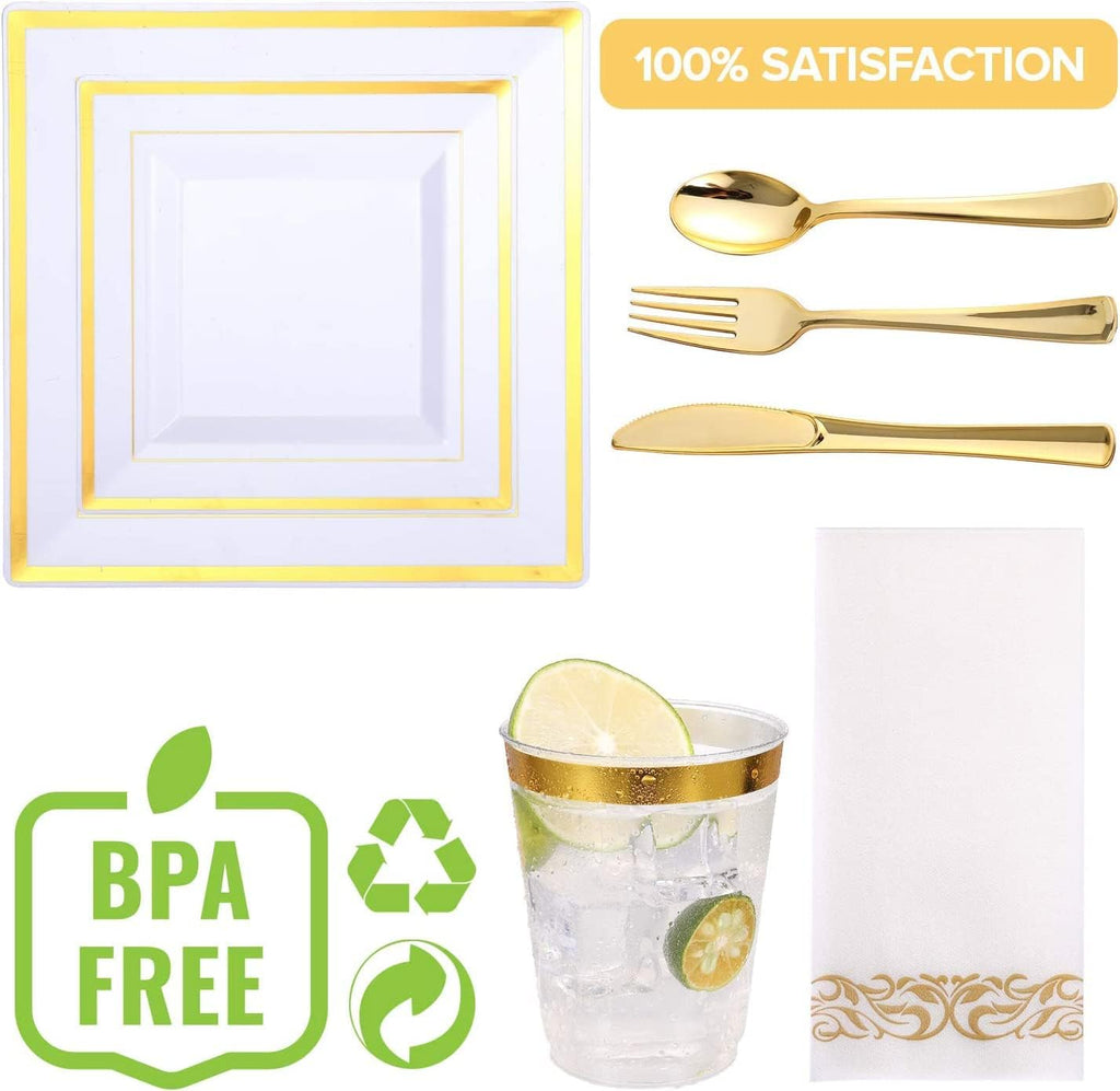 Square Dishes Plates Cups Cutlery for 25 on Special Occasions,175 Pieces of Reusable Plastic Dinnerware for Dinners, Birthdays, Valentines, Parties, Easter, Weddings, Summer Celebrations (Gold)