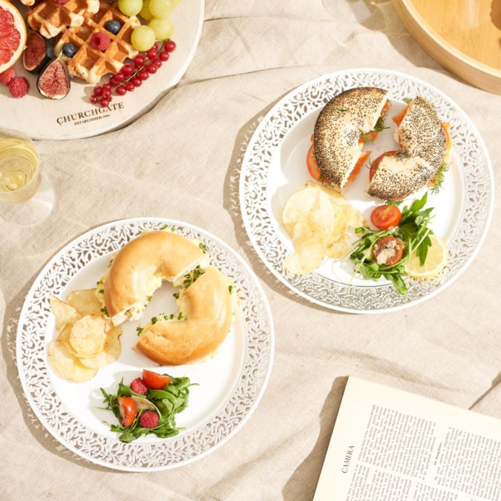 40 Premium White Plastic Plates with Silver Lace Rim - 20 Dinner and 20 Dessert Plates - Elegant & Reusable Party Tableware for Weddings, Birthdays, Picnic, Parties