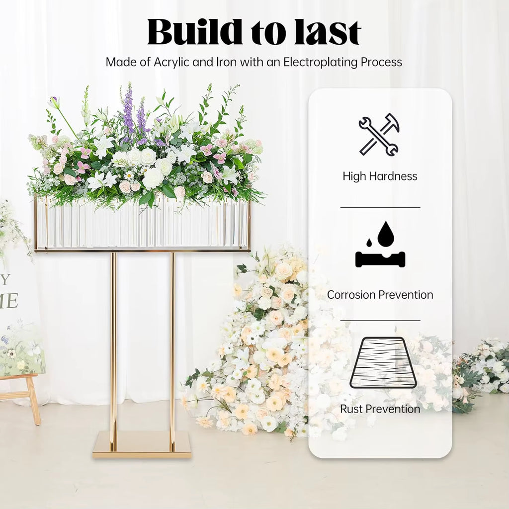 Elegant Acrylic Flower Stand with Gold Metal Base and Sparkling Pendant for Wedding and Event Decor