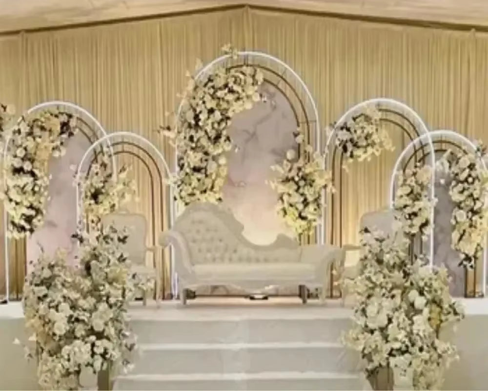 Transform Your Wedding with a 5-Piece Shiny Gold Arch Frame Set for Stunning Backdrops and Floral Displays