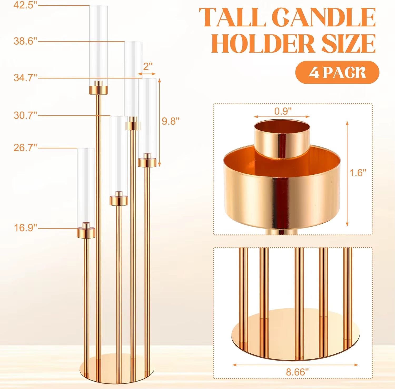 5-Arm Floor Candelabra - 42.5'' Tall Gold Candle Holder, Elegant Metal Centerpiece with Acrylic Accents