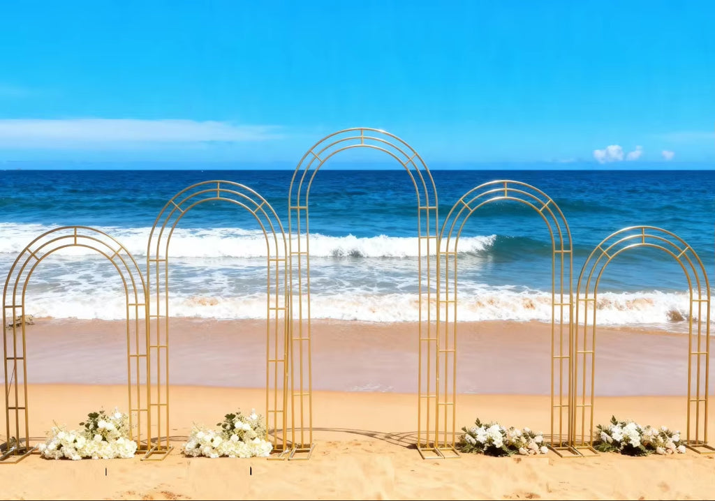 Transform Your Wedding with a 5-Piece Shiny Gold Arch Frame Set for Stunning Backdrops and Floral Displays