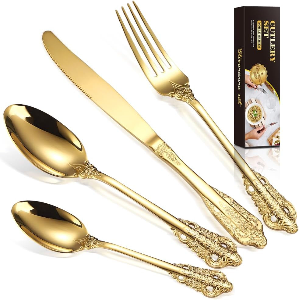Royal Golden Cutlery Set, 24 Piece Silverware Set Flatware Set for 6 People, Palace Style Mirror Polished Dishwasher Safe Knife Fork Spoon Cutlery for Home Banquet Catering