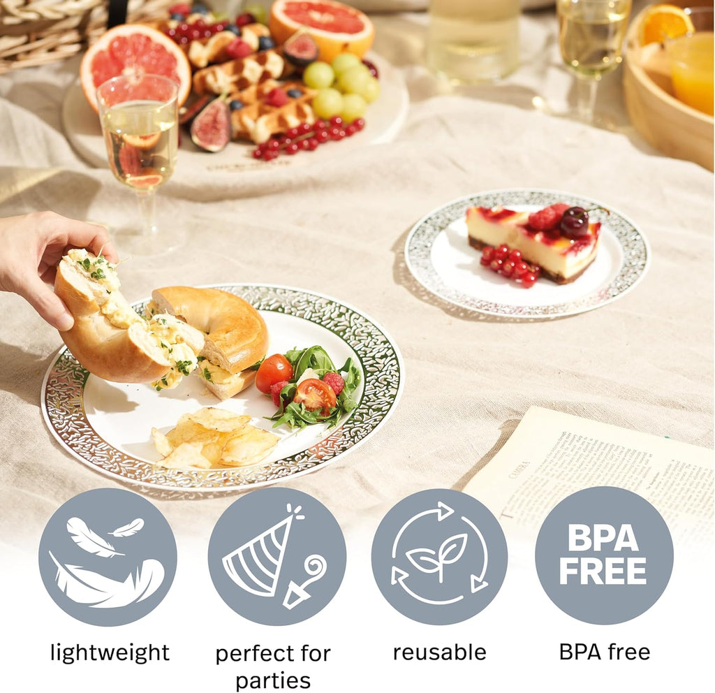 40 Premium White Plastic Plates with Silver Lace Rim - 20 Dinner and 20 Dessert Plates - Elegant & Reusable Party Tableware for Weddings, Birthdays, Picnic, Parties