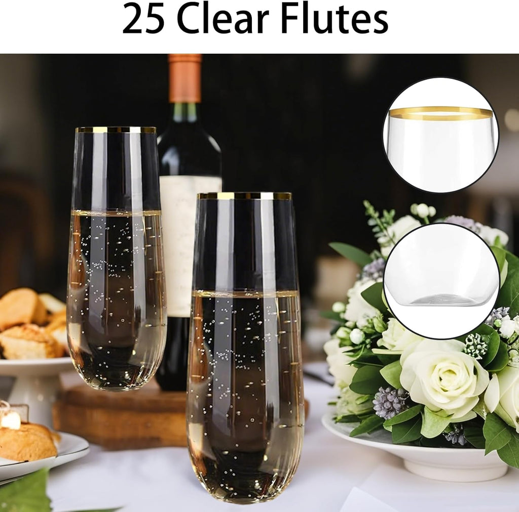 Plastic Champagne Flutes 25 Packs Champagne Flutes Plastic with Gold Rimmed, 270Ml/9.13Oz Stemless Wine Glasses Champagne Glasses for New Year Party Wedding Halloween Christmas Birthday Party