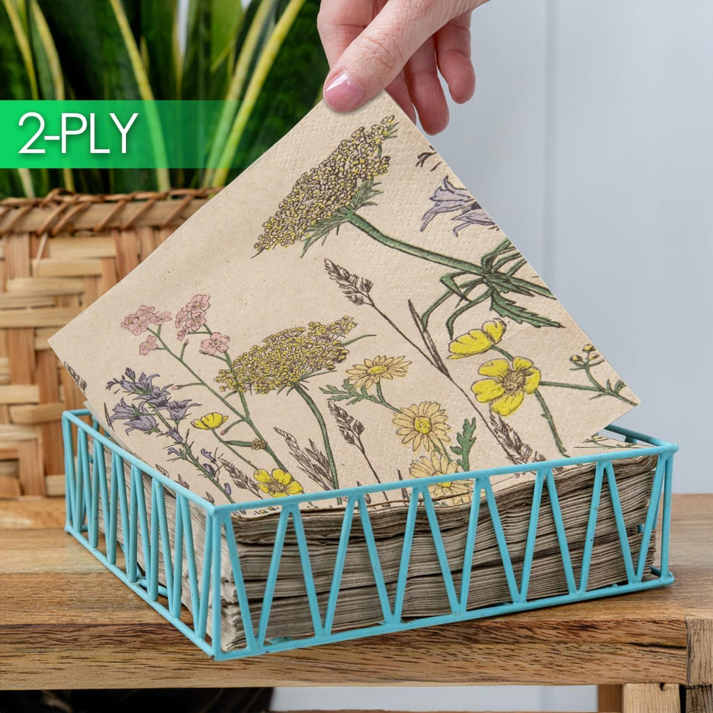 Table Kind 100 X Soft Recycled Paper Napkins, 2Ply, 33Cm Wildflower Floral Napkins for Mother'S Day Disposable Party Serviettes for Easter Weddings Eco-Friendly, Kraft Unbleached Home Compostable