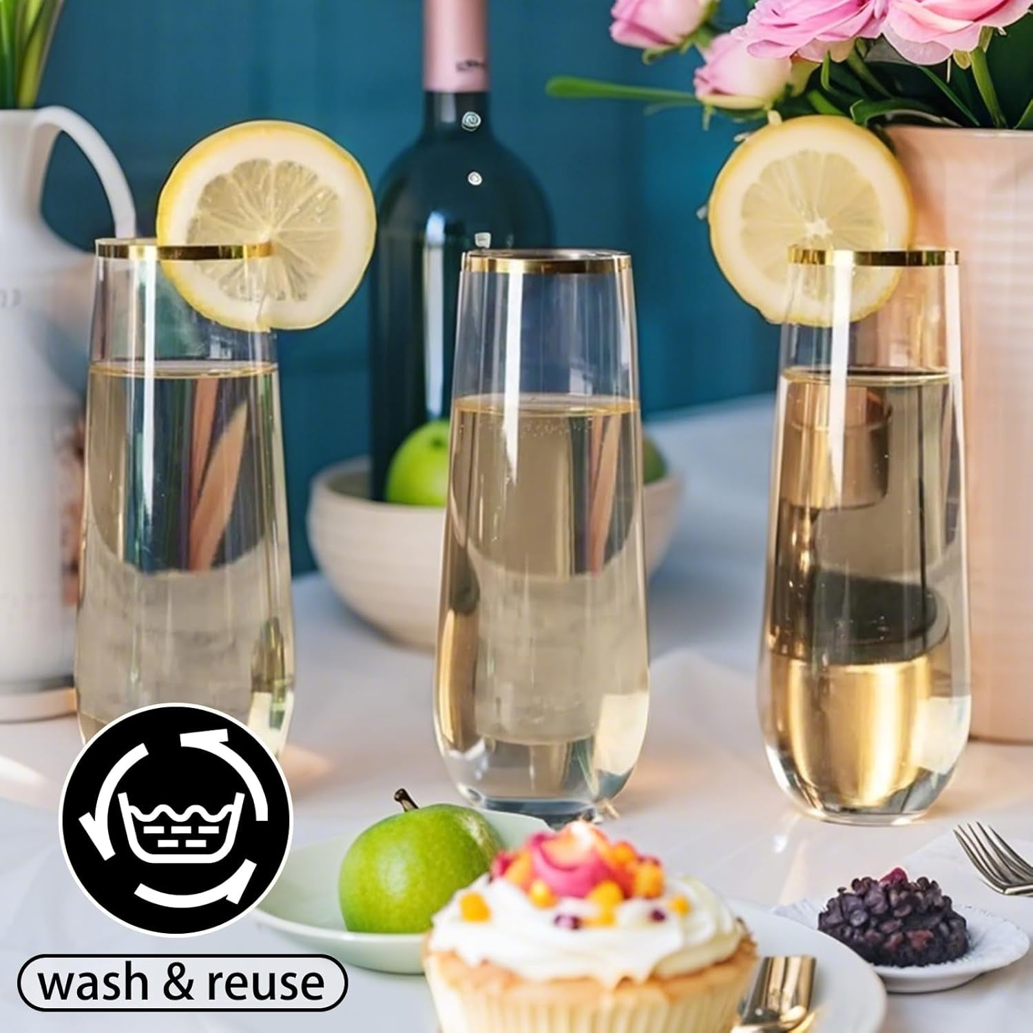 Plastic Champagne Flutes 25 Packs Champagne Flutes Plastic with Gold Rimmed, 270Ml/9.13Oz Stemless Wine Glasses Champagne Glasses for New Year Party Wedding Halloween Christmas Birthday Party