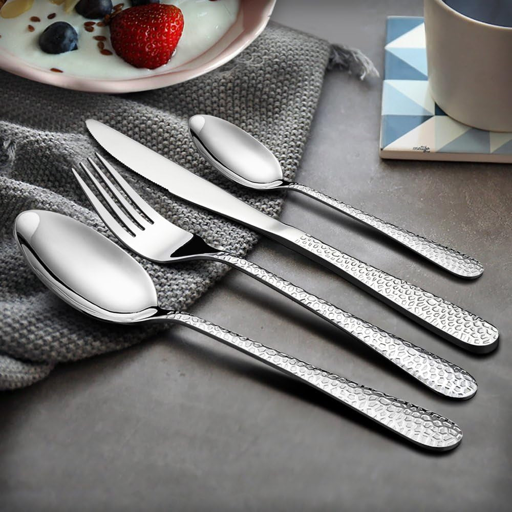 Cutlery Set, 32-Piece Stainless Steel Hammered Flatware Silverware Include Knife/Spoon/Fork, Suitable for Kitchen Party Camping, Mirror Polished, Dishwasher Safe - Service for 8