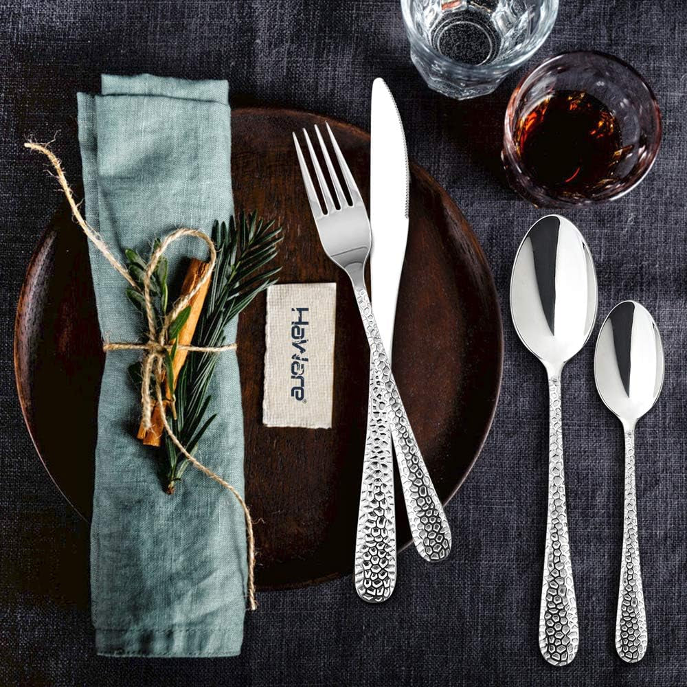 Cutlery Set, 32-Piece Stainless Steel Hammered Flatware Silverware Include Knife/Spoon/Fork, Suitable for Kitchen Party Camping, Mirror Polished, Dishwasher Safe - Service for 8
