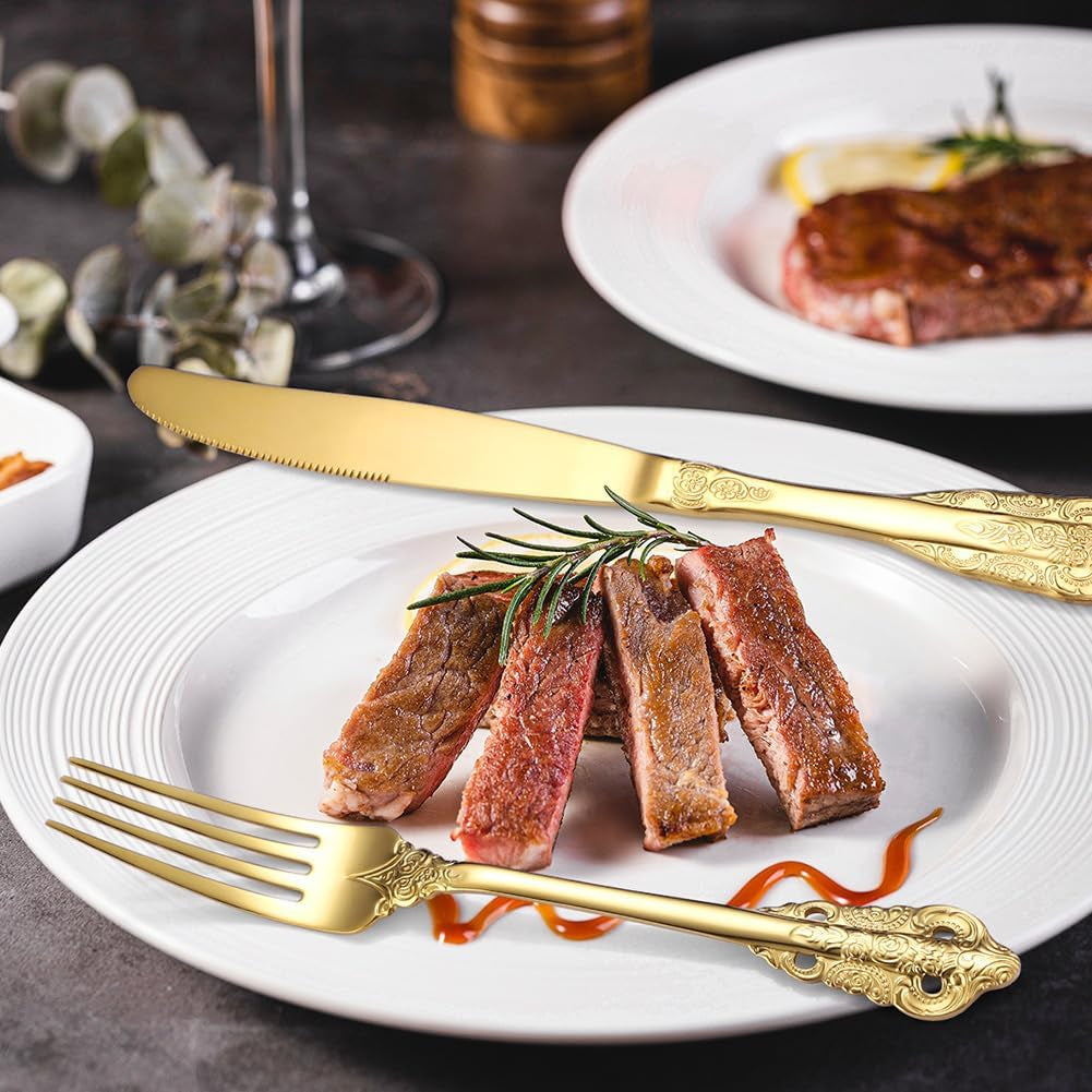 Royal Golden Cutlery Set, 24 Piece Silverware Set Flatware Set for 6 People, Palace Style Mirror Polished Dishwasher Safe Knife Fork Spoon Cutlery for Home Banquet Catering