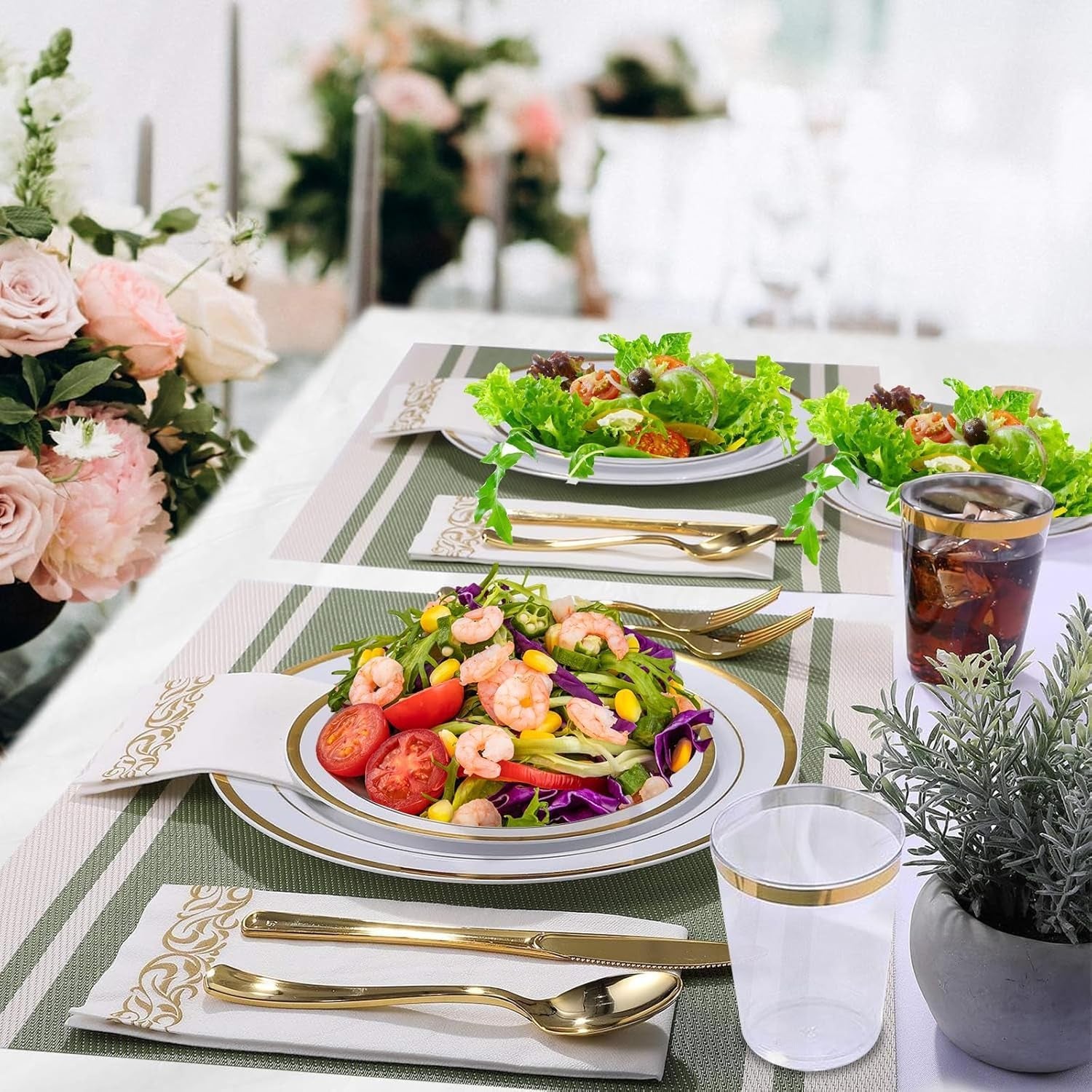 25 Guests Dinnerware Set, 175Pcs Reusable Party Dinner Plates Set, Include: 25 Salad Plates, 25 Dinner Plates, 75 Silverware(25 Forks, Knives, Spoons), 25 Napkins, 25 Cups