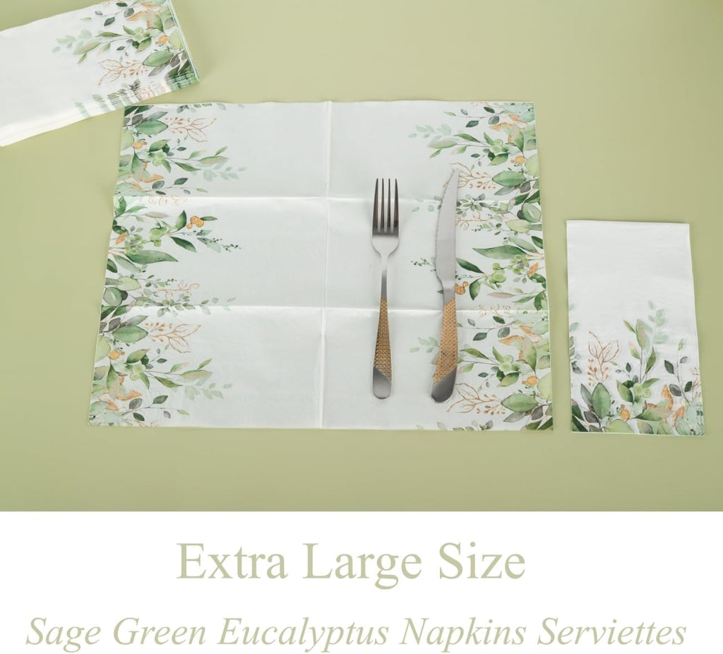 100PCS Sage Green Eucalyptus Napkins - Disposable Paper Serviettes with Greenery Print - Extra Large 40X33Cm Guest Towels for Party Decoration