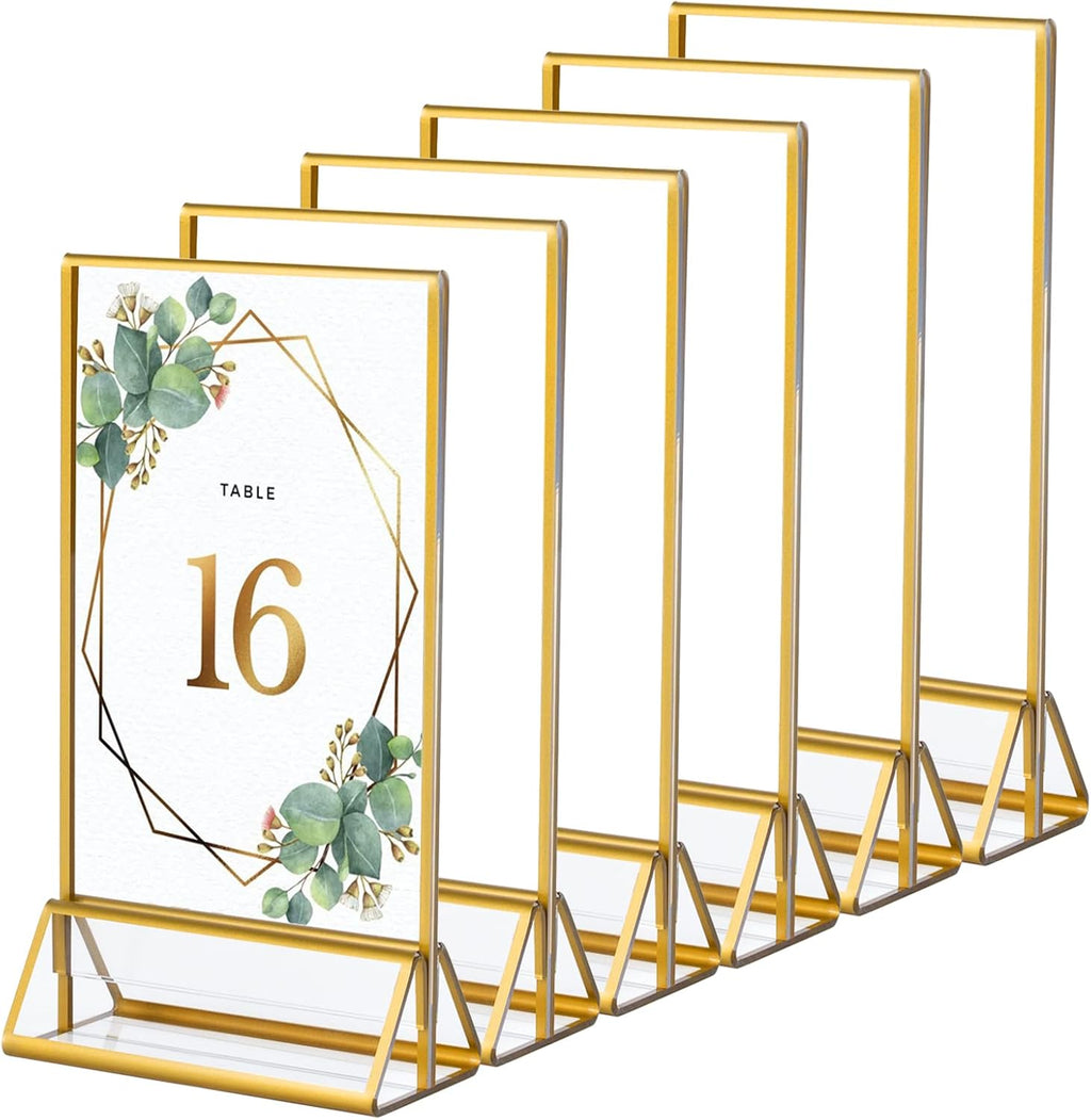 Acrylic Gold Sign Holder, 6 Pcs 4 X 6 Inch Clear Acrylic Holder, Display Stand for Table Menu, Double Sided Table Display Stand for Wedding Table Numbers, Banquet, Restaurant Signs Display