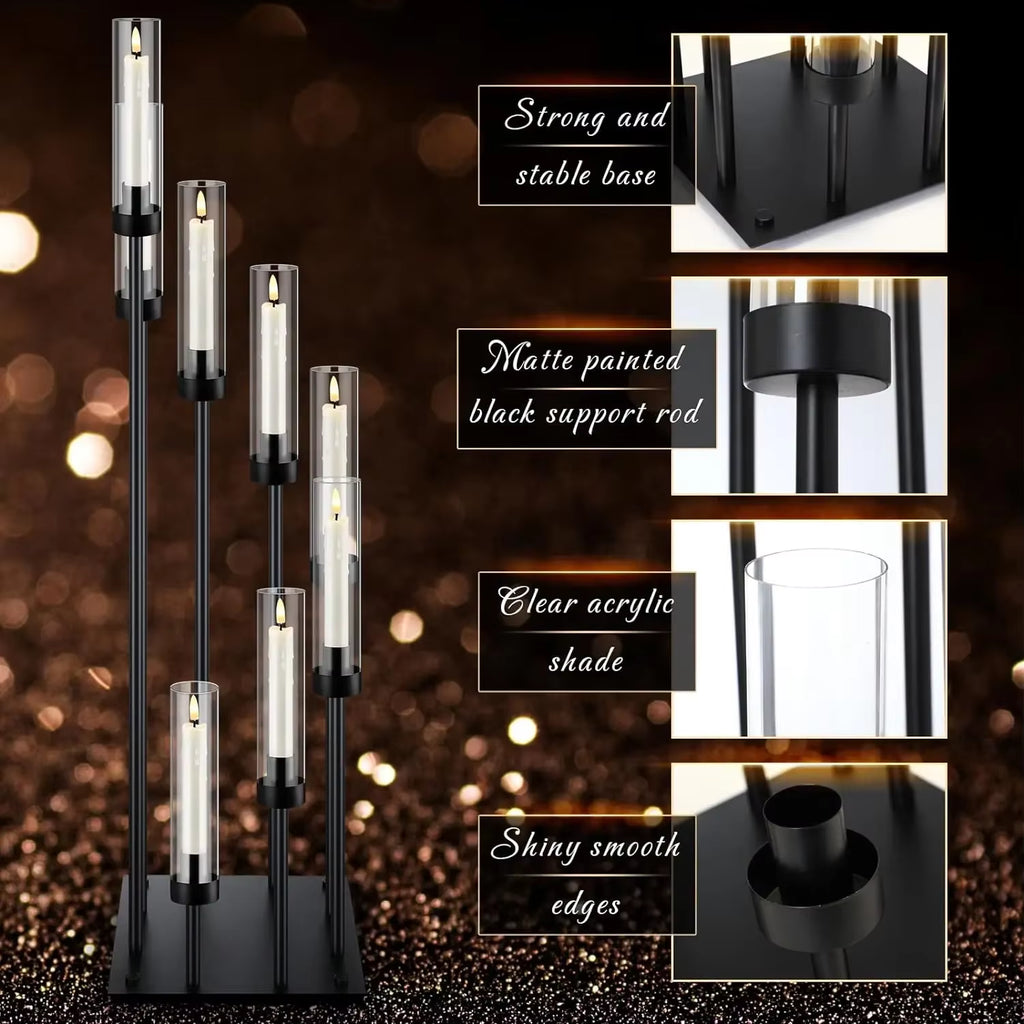 Black Candelabra Centerpieces with 8 Arms - Floor Candle Holders with Acrylic Shades for Wedding and Party Decoration (Available in Sets of 2, 5, or 10)