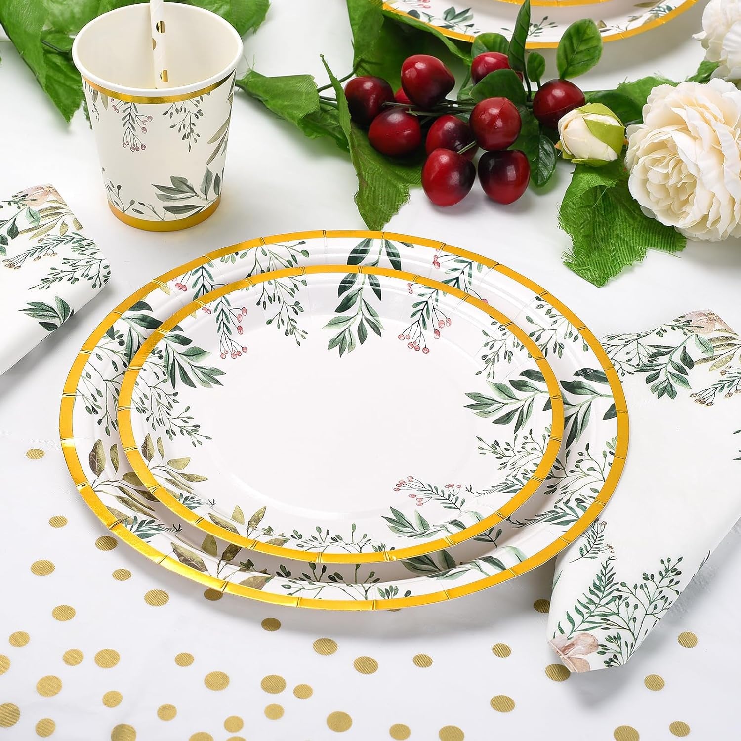 Green Paper Plate Set for 25 Guests, 125PCS Sage Green Gold Party Tableware - 9'' Dinner Plates, 7'' Side Plates, Disposable Cups, Straws, Napkins