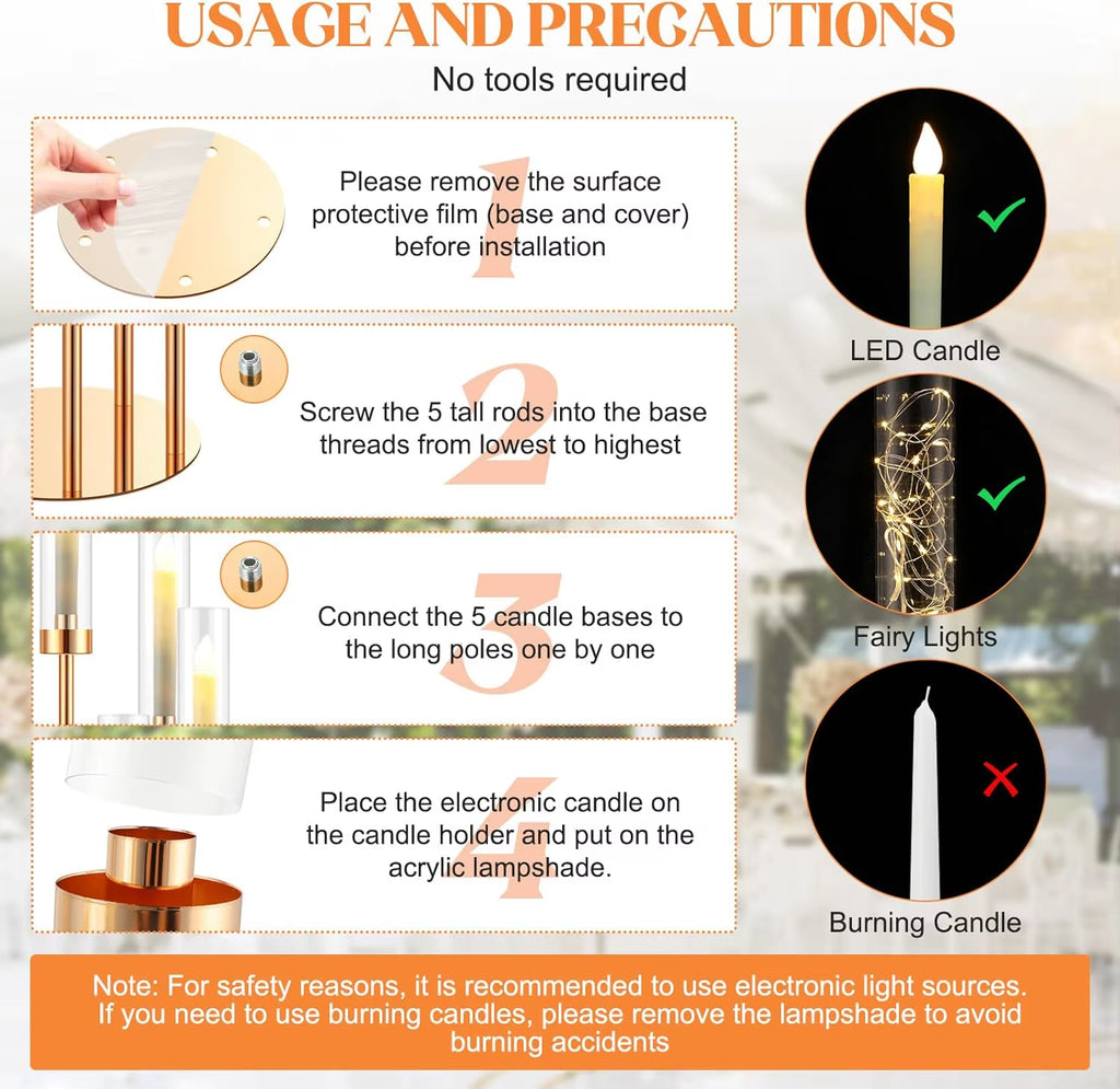 5-Arm Floor Candelabra - 42.5'' Tall Gold Candle Holder, Elegant Metal Centerpiece with Acrylic Accents