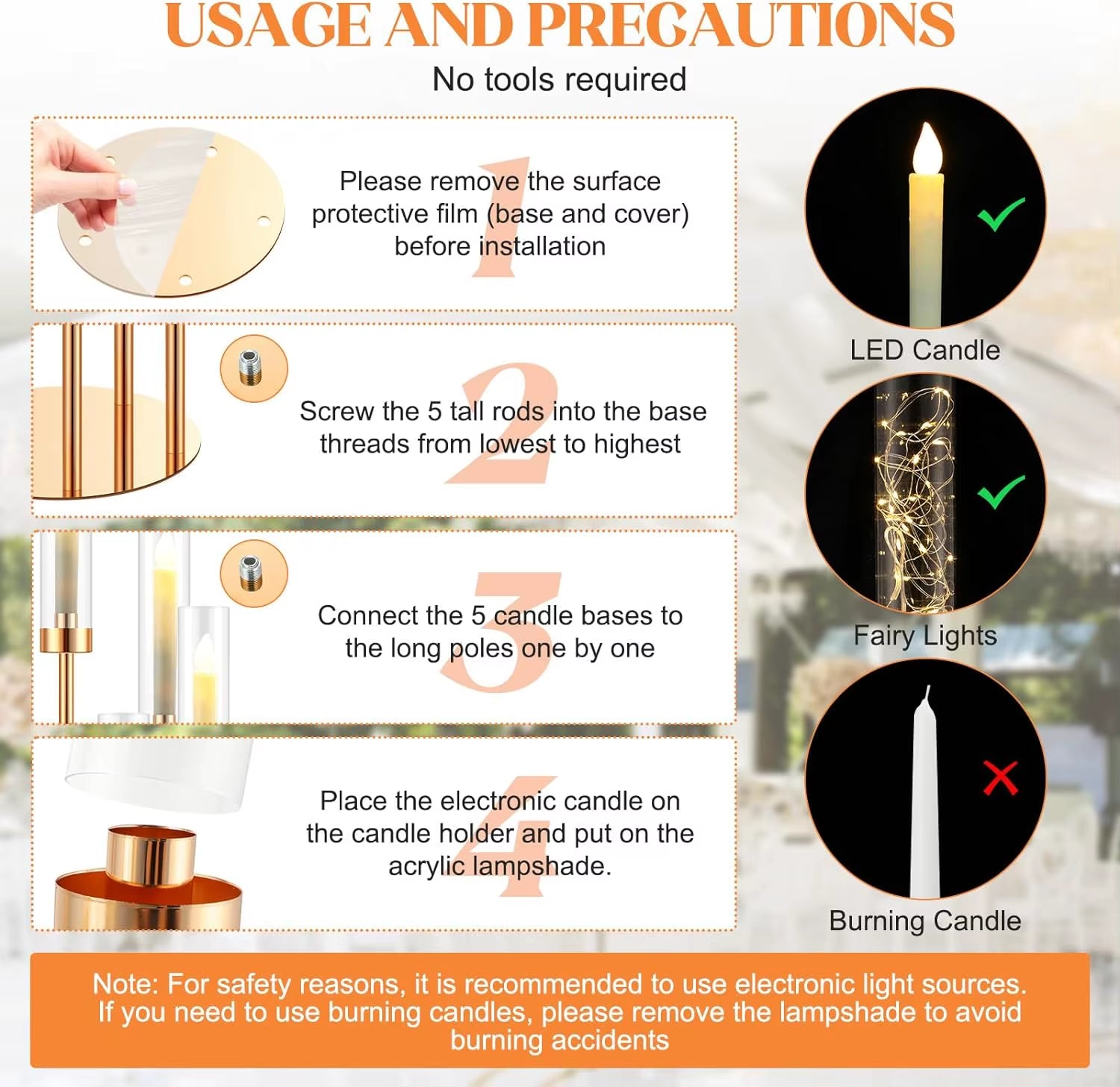 5-Arm Floor Candelabra - 42.5'' Tall Gold Candle Holder, Elegant Metal Centerpiece with Acrylic Accents