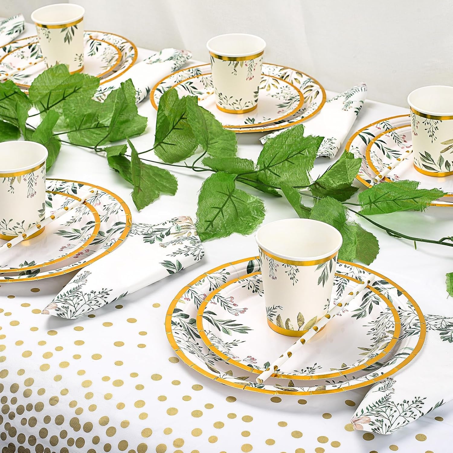 Green Paper Plate Set for 25 Guests, 125PCS Sage Green Gold Party Tableware - 9'' Dinner Plates, 7'' Side Plates, Disposable Cups, Straws, Napkins