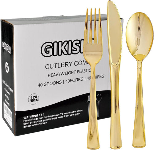 120 Pack Gold Plastic Cutlery Set, Including 40 Forks, 40 Knives, 40 Spoons, Reusable Heavy Duty Plastic Silverware Set for Christmas Weddings, Birthday, Parties, Dinners