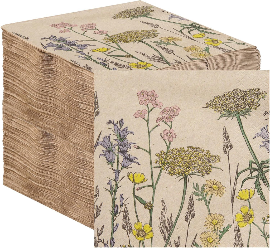Table Kind 100 X Soft Recycled Paper Napkins, 2Ply, 33Cm Wildflower Floral Napkins for Mother'S Day Disposable Party Serviettes for Easter Weddings Eco-Friendly, Kraft Unbleached Home Compostable