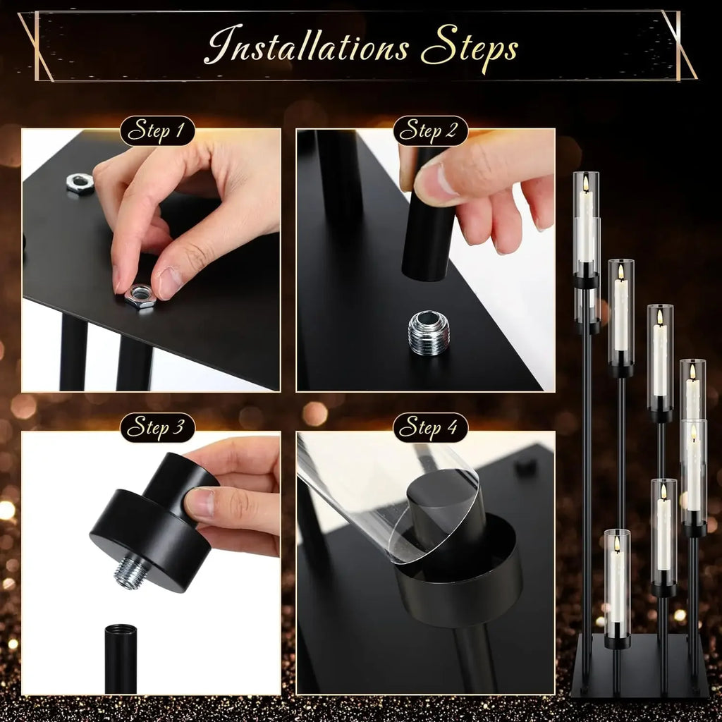 Black Candelabra Centerpieces with 8 Arms - Floor Candle Holders with Acrylic Shades for Wedding and Party Decoration (Available in Sets of 2, 5, or 10)