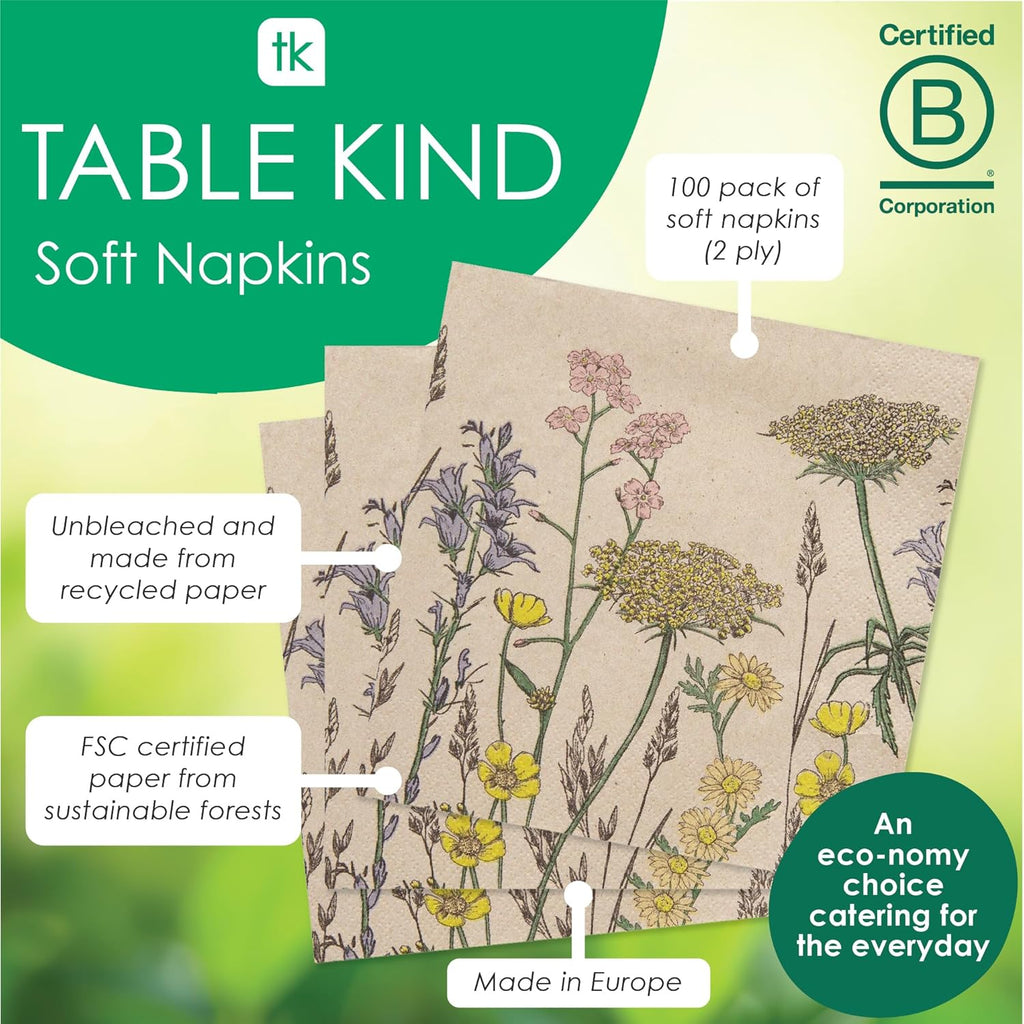 Table Kind 100 X Soft Recycled Paper Napkins, 2Ply, 33Cm Wildflower Floral Napkins for Mother'S Day Disposable Party Serviettes for Easter Weddings Eco-Friendly, Kraft Unbleached Home Compostable