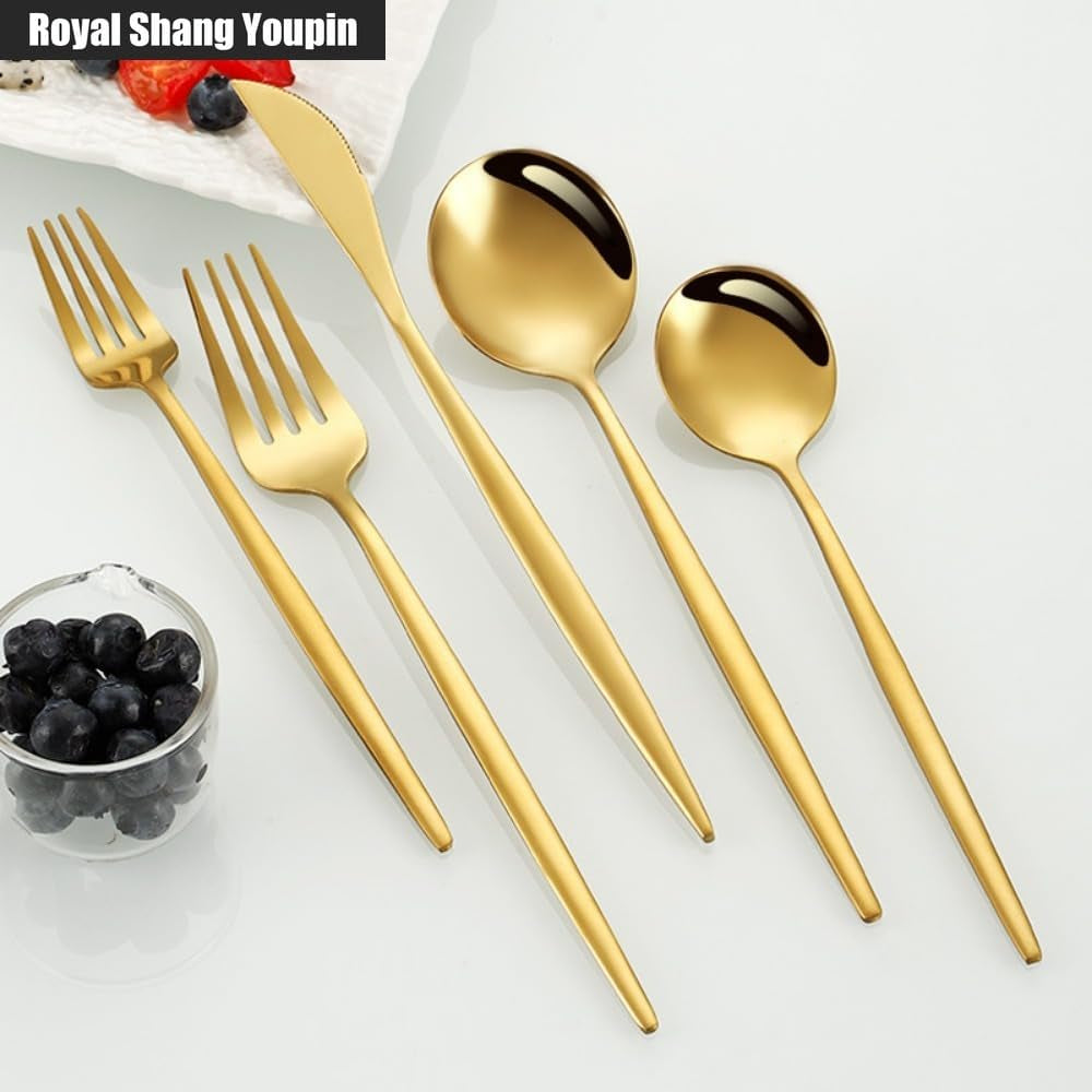 Solid Pointed Handle Kitchen Stainless Steel Silverware Tableware Flatware Cutlery Set Steak Knife Fork Spoon (Gold,20 Pieces)