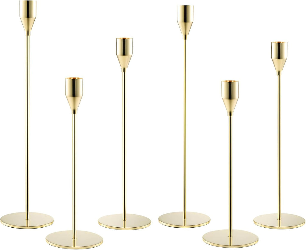 Set of 6 Gold Candlestick Holders for Taper Candles – Elegant Metal Candle Stands for Weddings, Parties & Home Decor (Fits 3/4" Candles) – Tall & Short Candle Holders