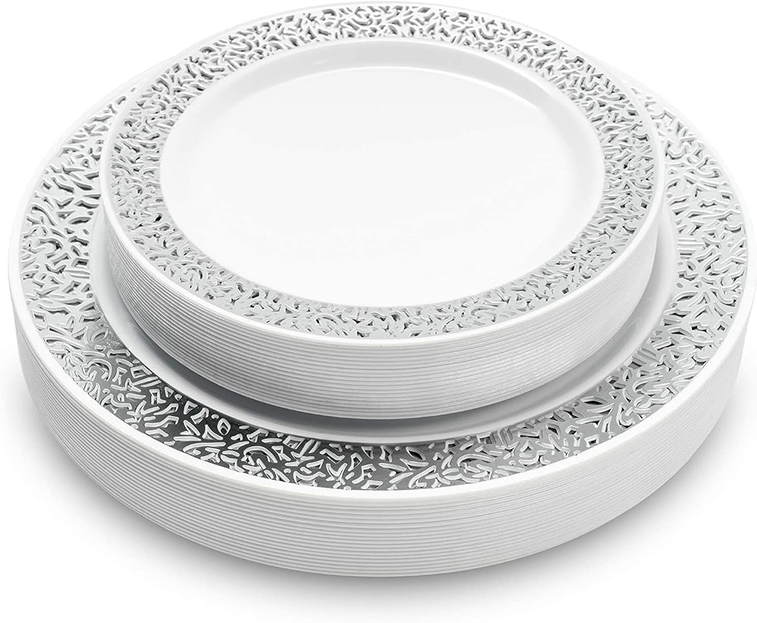 40 Premium White Plastic Plates with Silver Lace Rim - 20 Dinner and 20 Dessert Plates - Elegant & Reusable Party Tableware for Weddings, Birthdays, Picnic, Parties