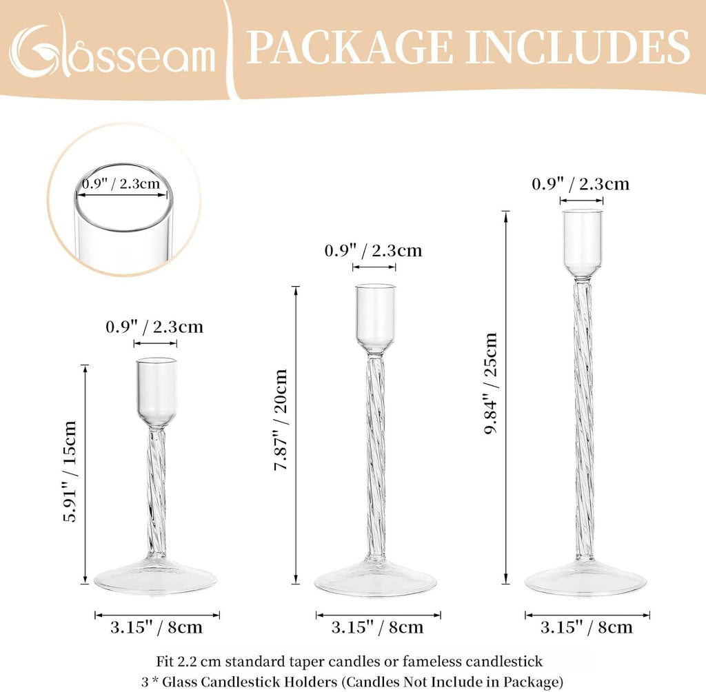 Glass Candle Sticks Holder Tall: Taper Candle Holder Set of 3 Decorative Candlesticks Clear Candle Holders for Living Room Modern Candlestick Holders for Home Wedding Centrepiece Decoration