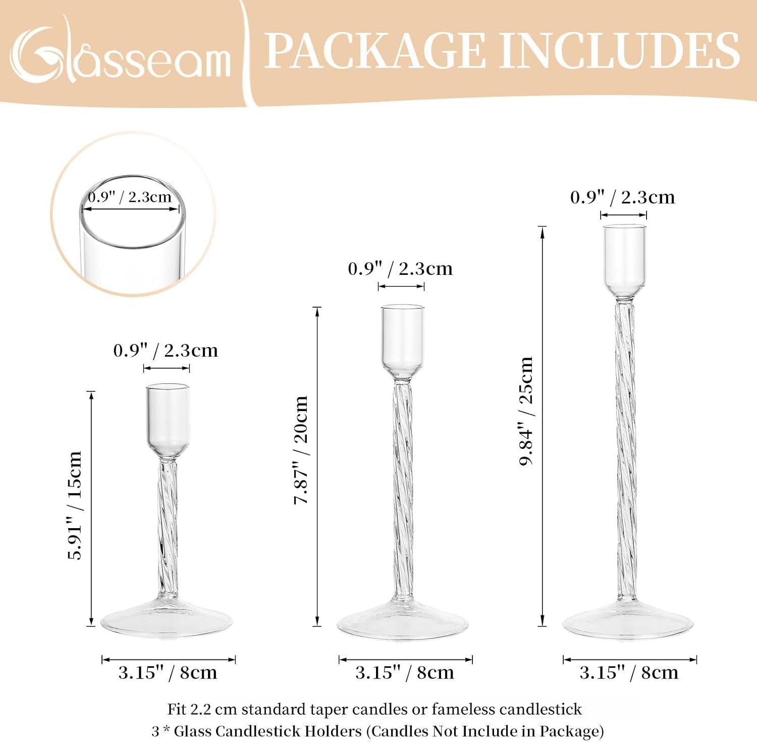 Glass Candle Sticks Holder Tall: Taper Candle Holder Set of 3 Decorative Candlesticks Clear Candle Holders for Living Room Modern Candlestick Holders for Home Wedding Centrepiece Decoration