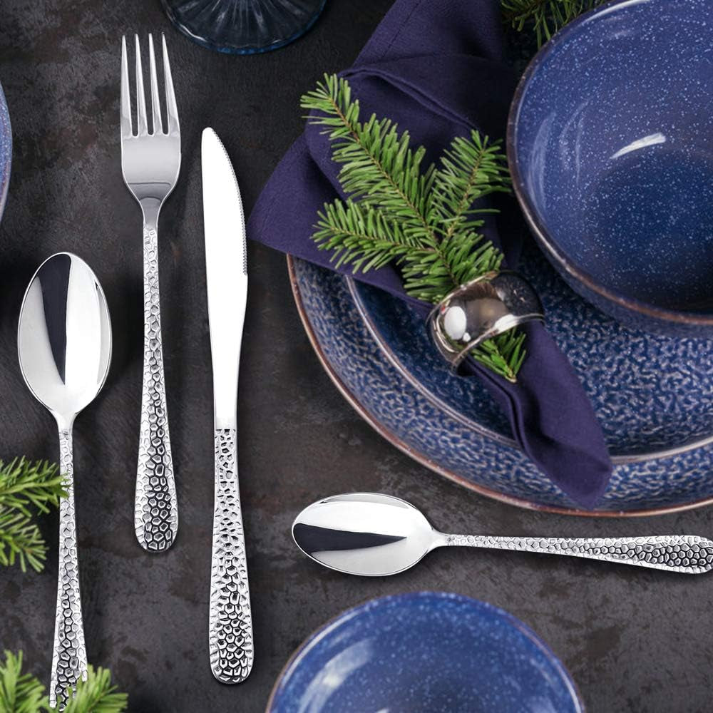 Cutlery Set, 32-Piece Stainless Steel Hammered Flatware Silverware Include Knife/Spoon/Fork, Suitable for Kitchen Party Camping, Mirror Polished, Dishwasher Safe - Service for 8