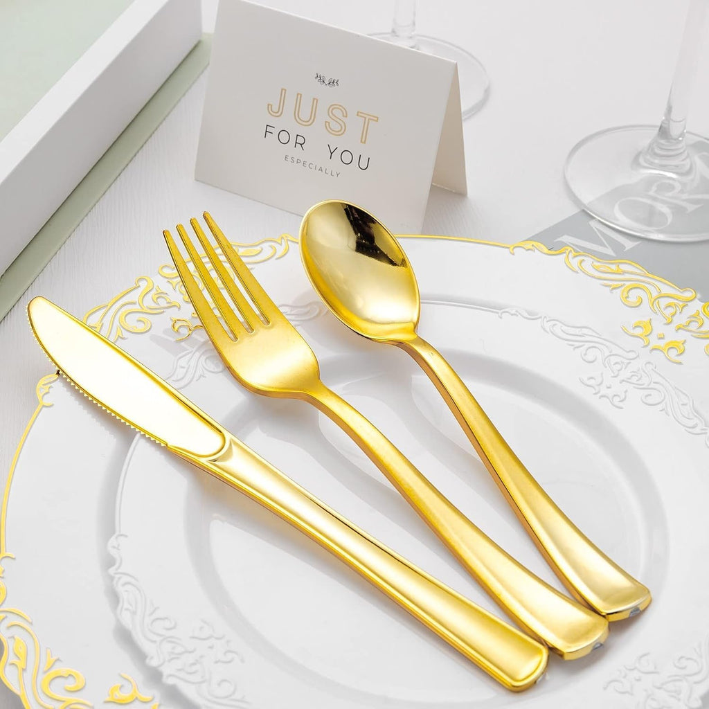 120 Pack Gold Plastic Cutlery Set, Including 40 Forks, 40 Knives, 40 Spoons, Reusable Heavy Duty Plastic Silverware Set for Christmas Weddings, Birthday, Parties, Dinners