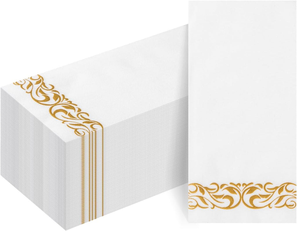 50 PCS Linen Feel Napkins,White and Gold Napkin Disposable,Paper Napkins for Bathroom, Wedding, Party, Birthday, Dinners Events,42X30Cm