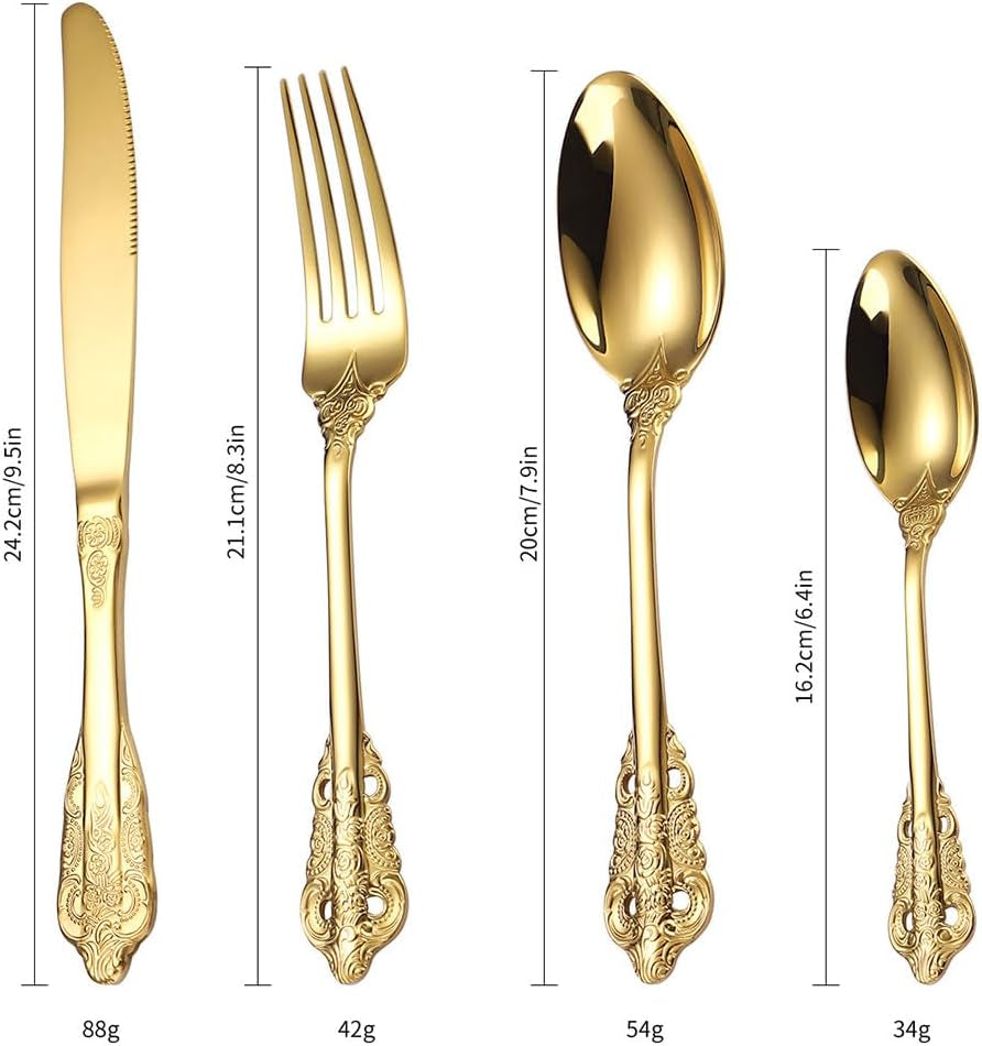 Royal Golden Cutlery Set, 24 Piece Silverware Set Flatware Set for 6 People, Palace Style Mirror Polished Dishwasher Safe Knife Fork Spoon Cutlery for Home Banquet Catering