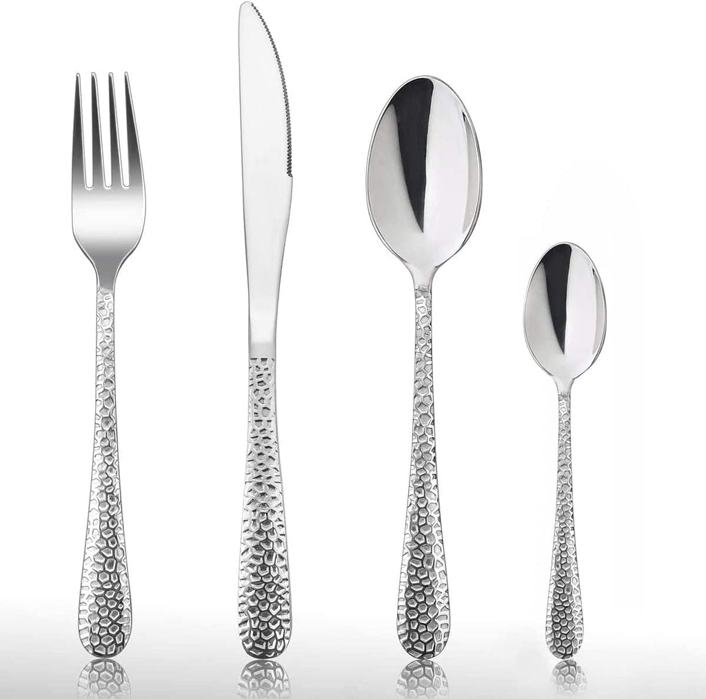 Cutlery Set, 32-Piece Stainless Steel Hammered Flatware Silverware Include Knife/Spoon/Fork, Suitable for Kitchen Party Camping, Mirror Polished, Dishwasher Safe - Service for 8