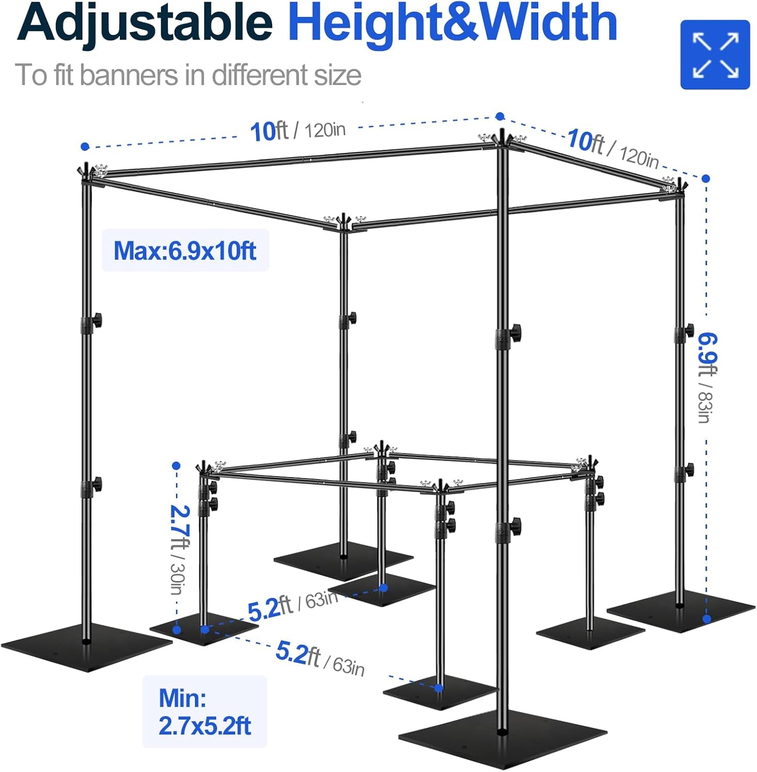 7X10Ft (2.1X3M) Photography Backdrop Stand for Parties, Adjustable Photo Pipe and Drape Background Back Drop Holder Frame Kit with Heavy Duty Metal Steel Base for Birthday Wedding - Black