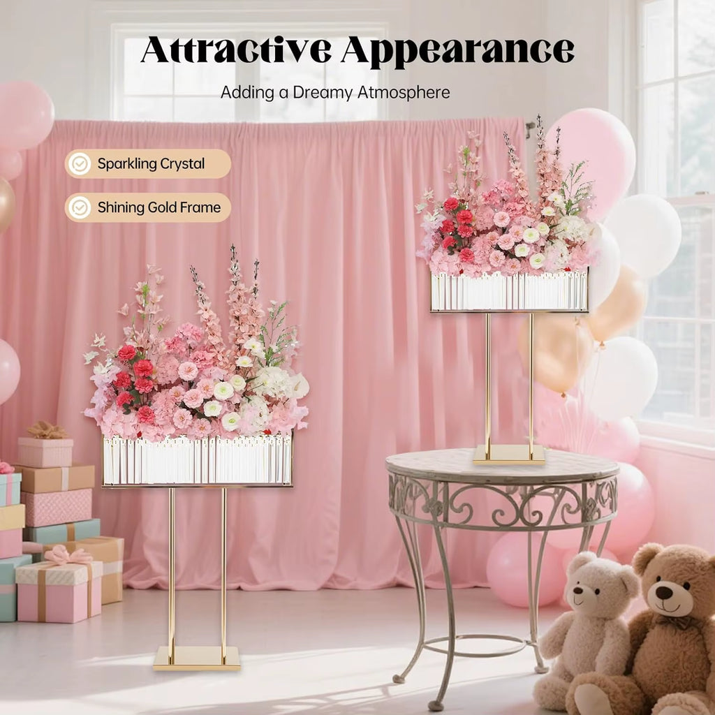 Elegant Acrylic Flower Stand with Gold Metal Base and Sparkling Pendant for Wedding and Event Decor