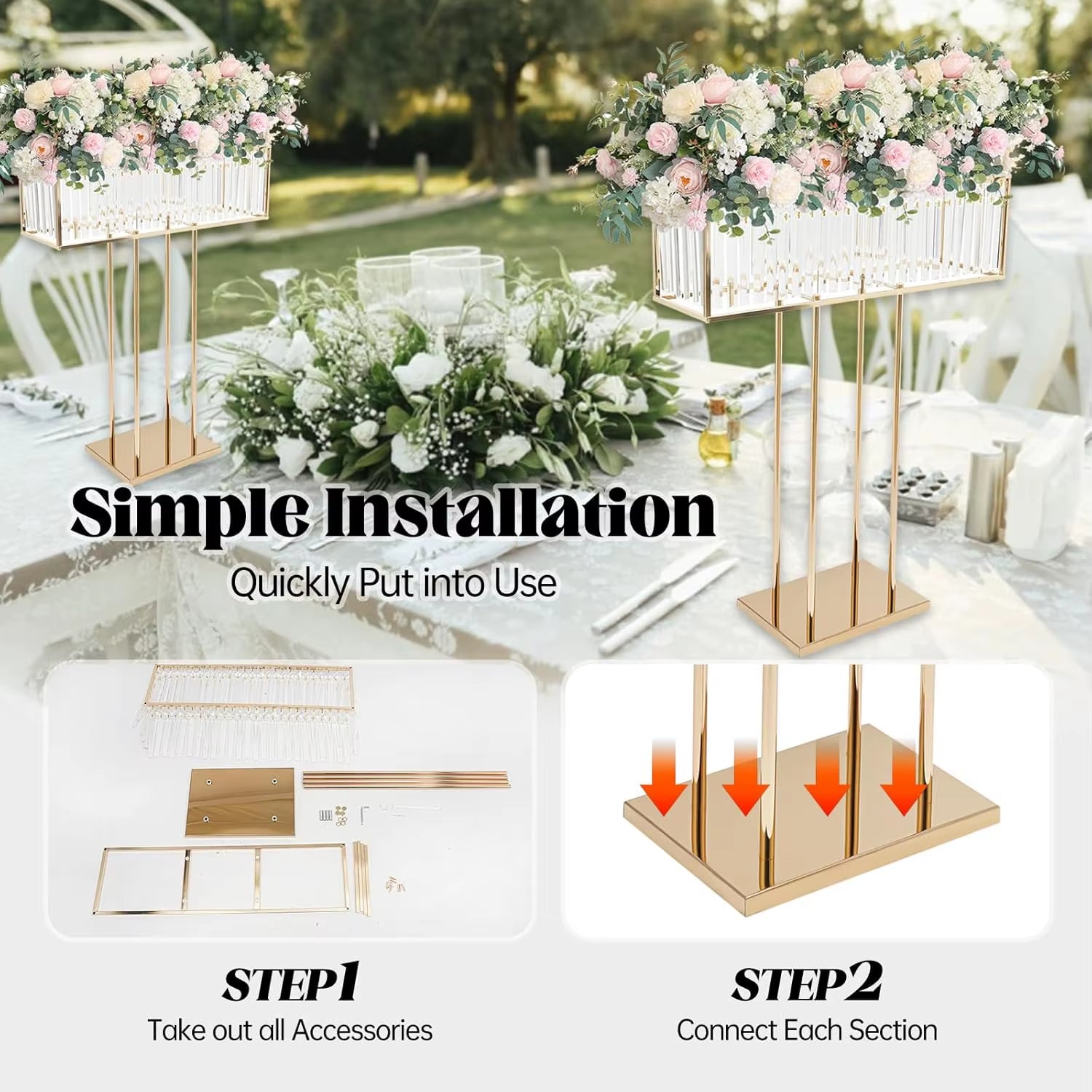 Elegant Acrylic Flower Stand with Gold Metal Base and Sparkling Pendant for Wedding and Event Decor